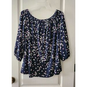 J. Jill Wearever Collection Women's Blouse Navy Floral‎ 3/4 Sleeve Top Size M